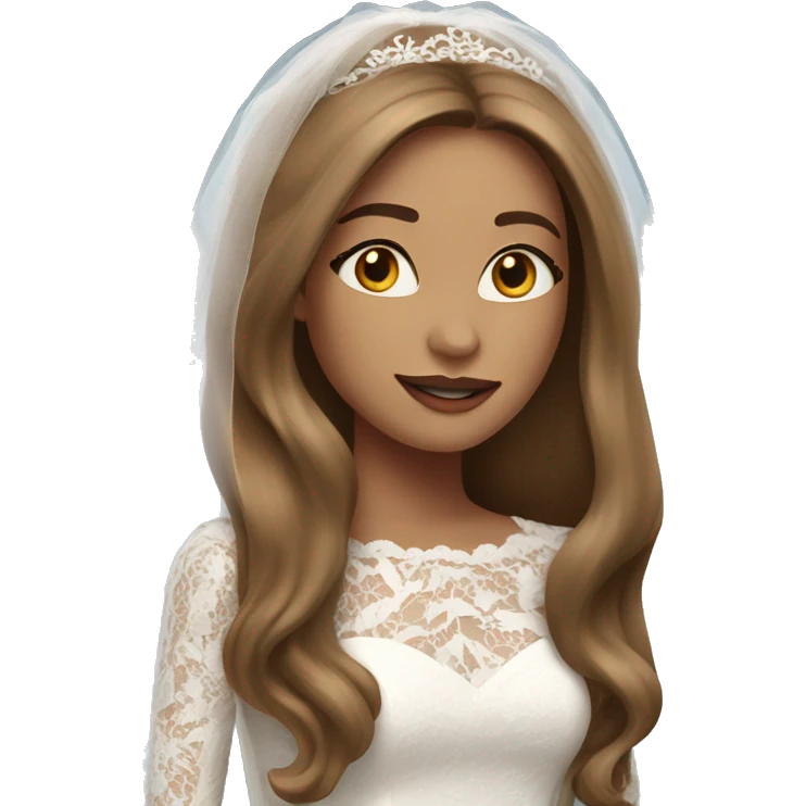 Beautiful woman with long straight light brown hair wearing a long sleeved laced wedding dress emoji