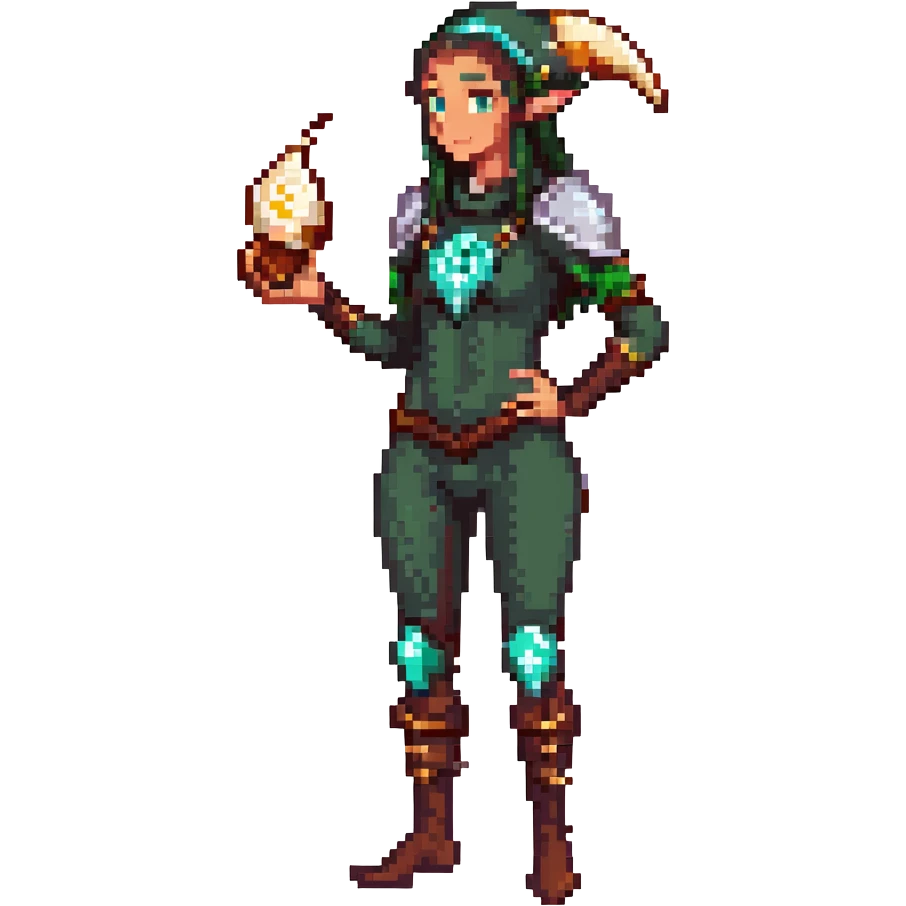 elf female Short wetsuit-style garb, glowing runes on skin, holding a conch horn. emoji