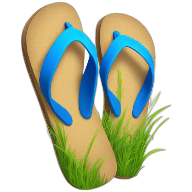 flip flops with grass all along the footbed, with a blue strap and post emoji