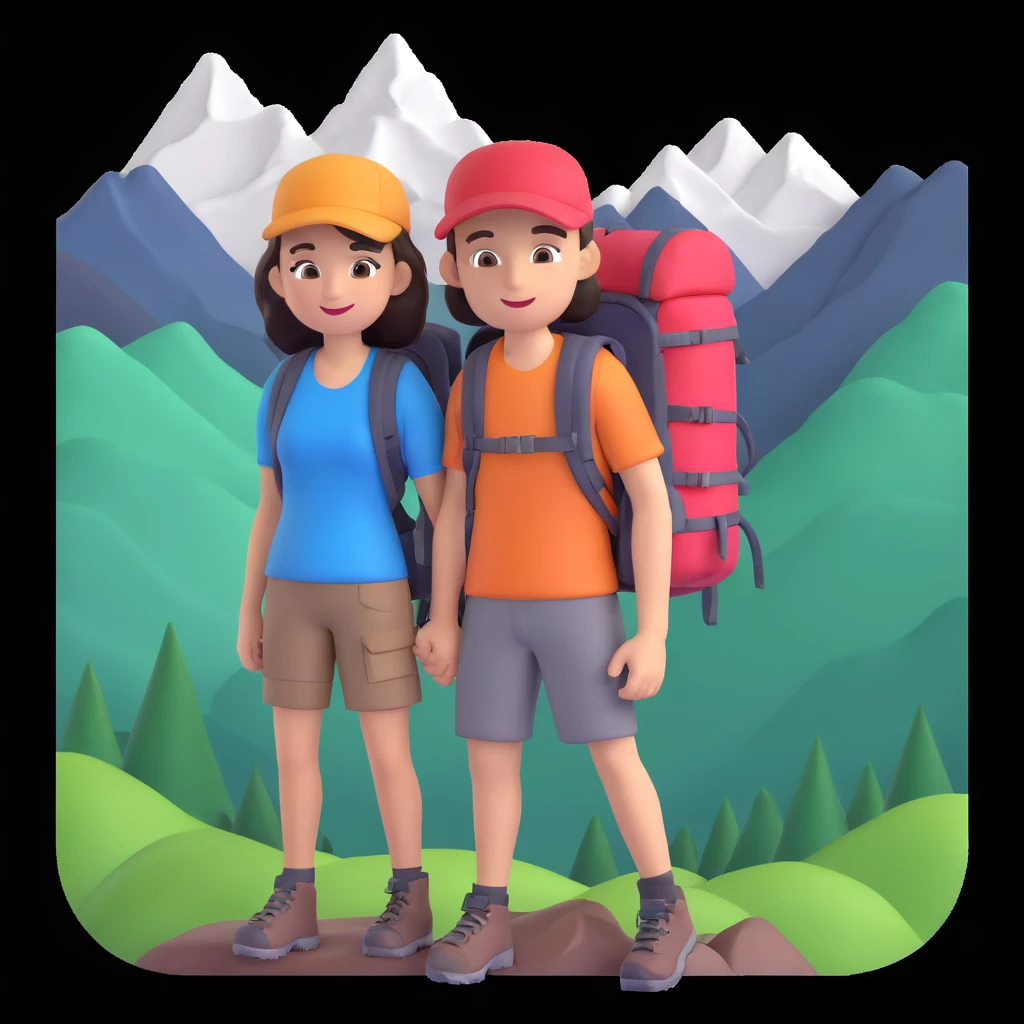 back packer couple posing, mountains in background,   close up pose emoji