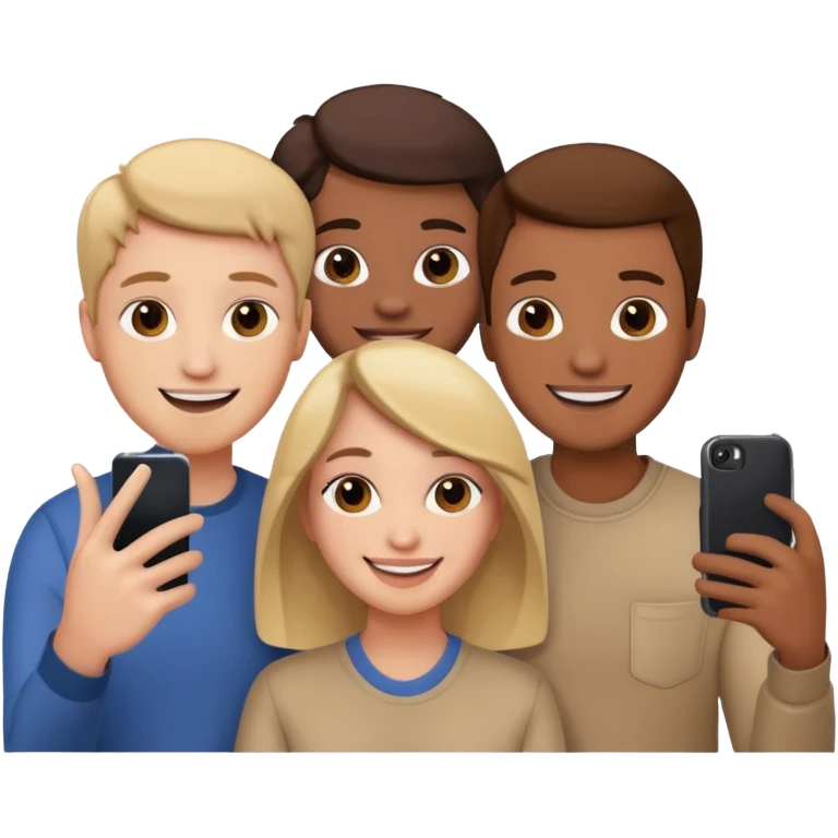 three friends holding phone selfie smiling emoji