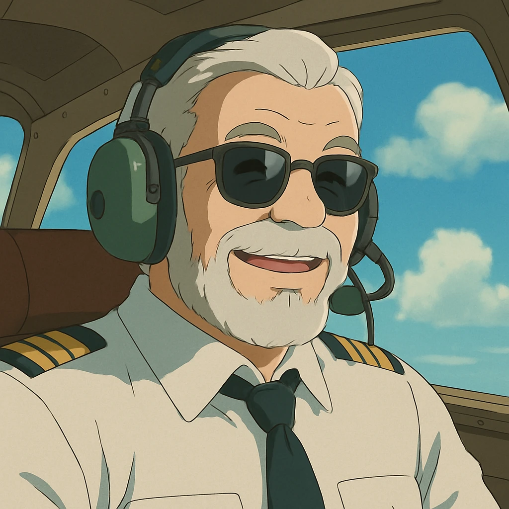 middle-aged male pilot, white skin, silver hair, beard, smiling, wearing sunglasses, ghibli anime style emoji