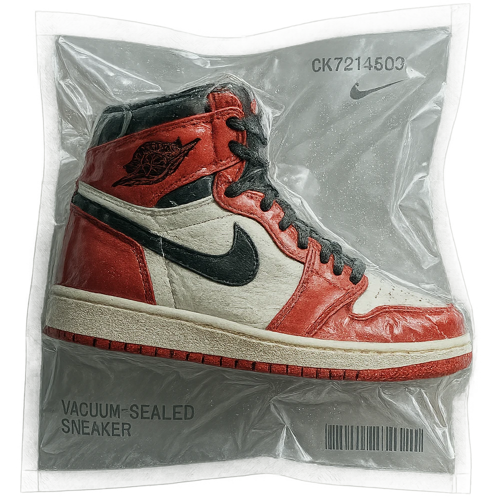 vacuum-sealed sneaker, tightly wrapped and glossy emoji