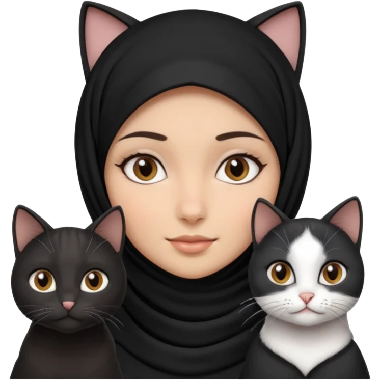 A girlhuman with brownblack eyes and black hijab. and three cats, two blackwhite and one grey cats animals  emoji