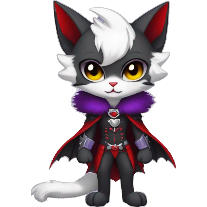 Anthro-Cute-Edgy-Cool-Vampiric-Batty-Cat-Black-Purple-Red-Grey-White-Yellow-Contrast-Colors-Fantasy-Fur-Sona-Chibi-Shiny-Fakémon-Hybrid with horns and fangs and collar full body emoji