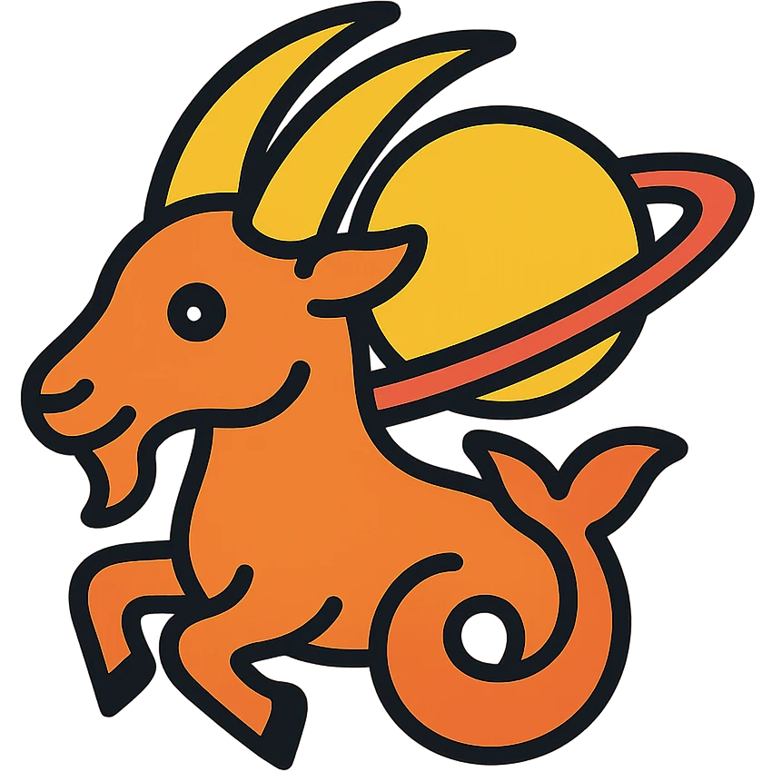 Capricorn goat with Saturn rings, stylized, modern icon emoji