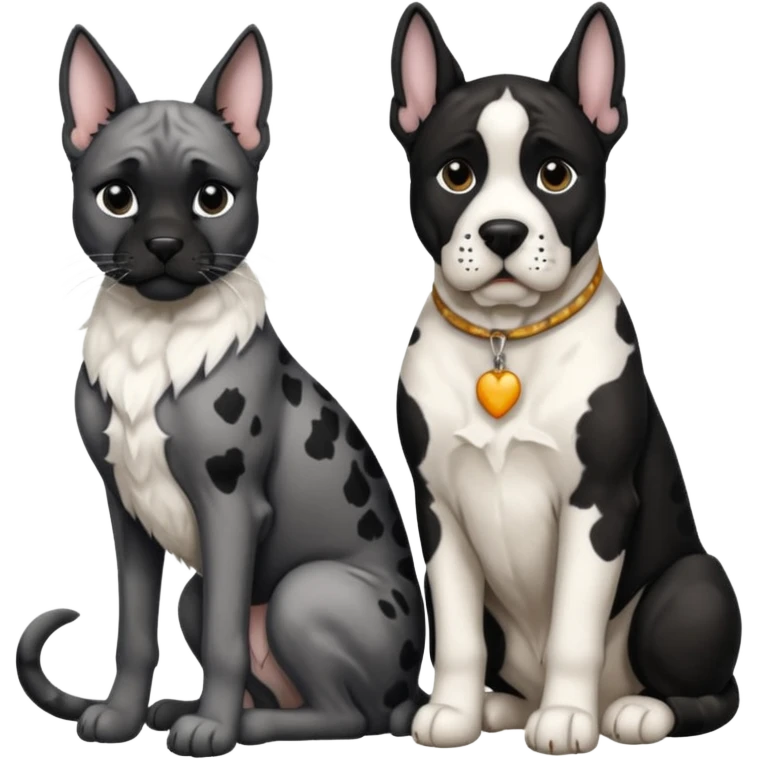 Black and white great dane dog sitting with a black and white cat emoji