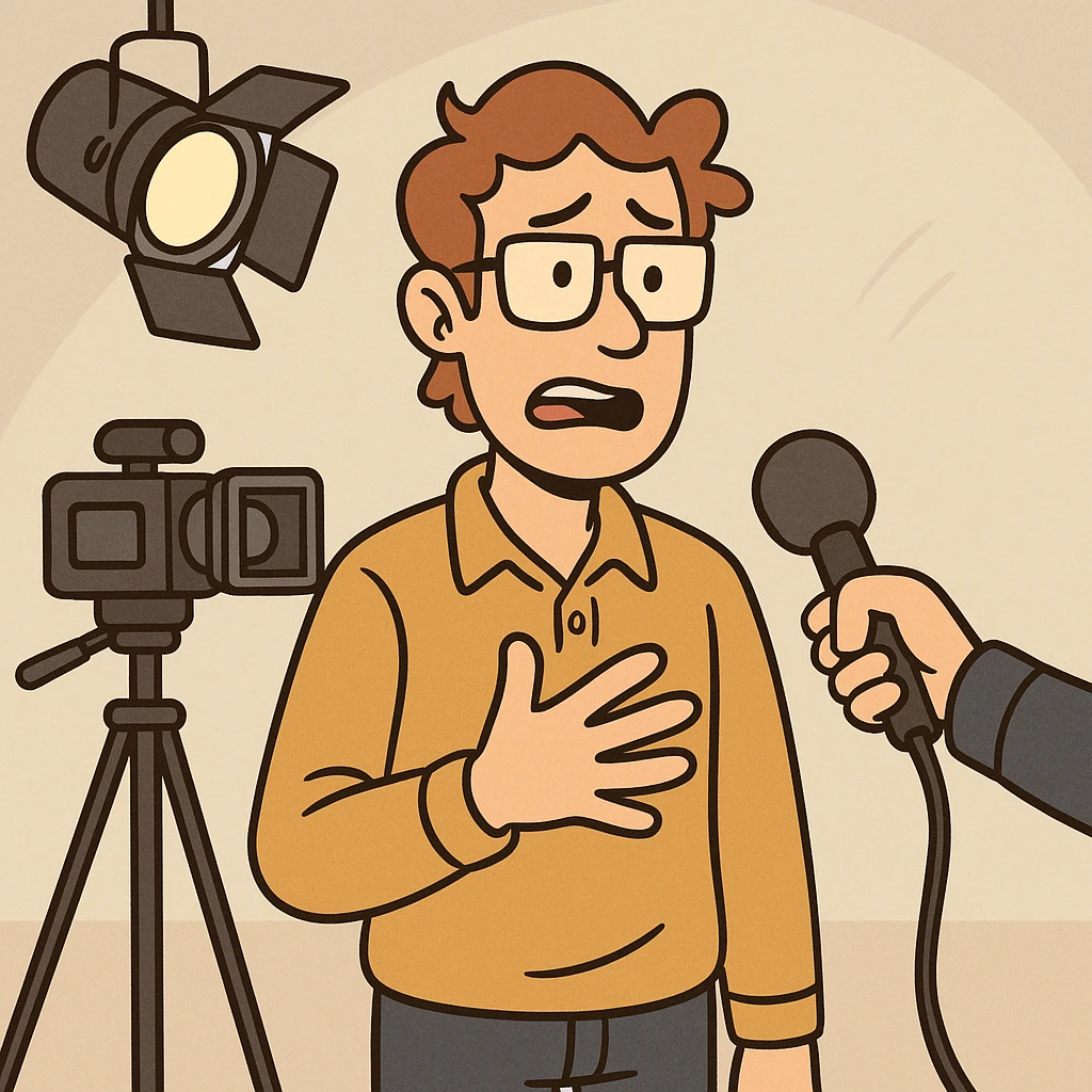 cartoon style illustration of a person being interviewed on camera, with a spotlight and interviewer holding a microphone emoji