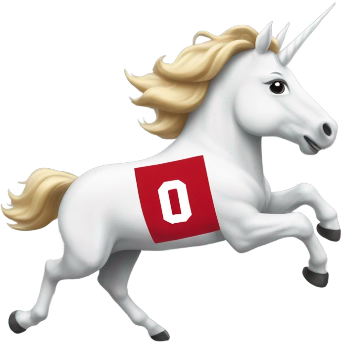 Unicorn running through football field wearing Ohio state university shirt emoji