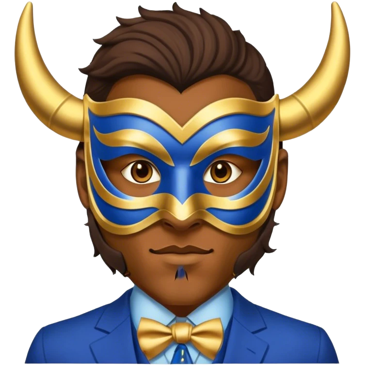 a man, with a Blue suit,  wear half-face golden Buffalo masquerade mask emoji