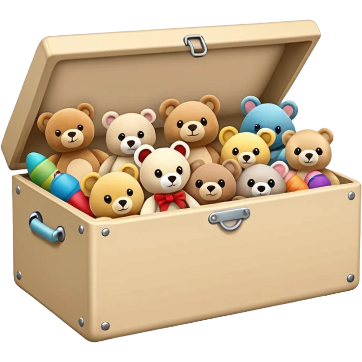 Beige toy box filled with toys and stuffed animals  emoji