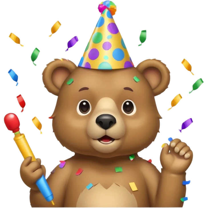 Partying bear cub with confetti and party blower emoji