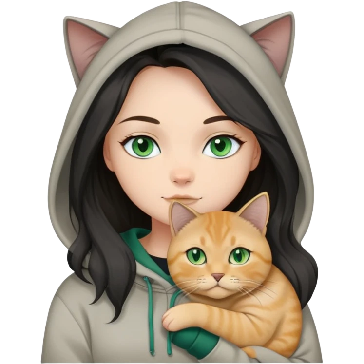 White girl blue eyes black balayage long hair beige hoodie cuddling a british shorthair golden cat with green eyes emoji