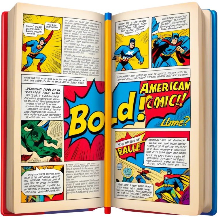 Create a detailed and vintage-inspired emoji representing comic books and graphic novels as a storytelling art form. The design should feature a large, open comic book with pages filled with classic American comic book panels. Include bold, dynamic lines and vibrant colors typical of vintage comics. A pencil (without a hand) should be writing text on the page, symbolizing the creation of the story. The overall design should evoke the classic feel of old-school comic books while incorporating the process of creating a graphic novel. Use rich, bold colors like red, yellow, and blue, and make the background transparent emoji