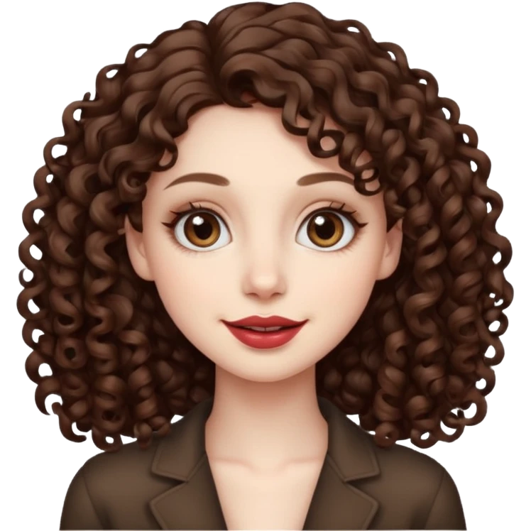 Light brown eyed female with pale skin. She has big eyes, curly and long dark brown hair and thin lips smiling. emoji