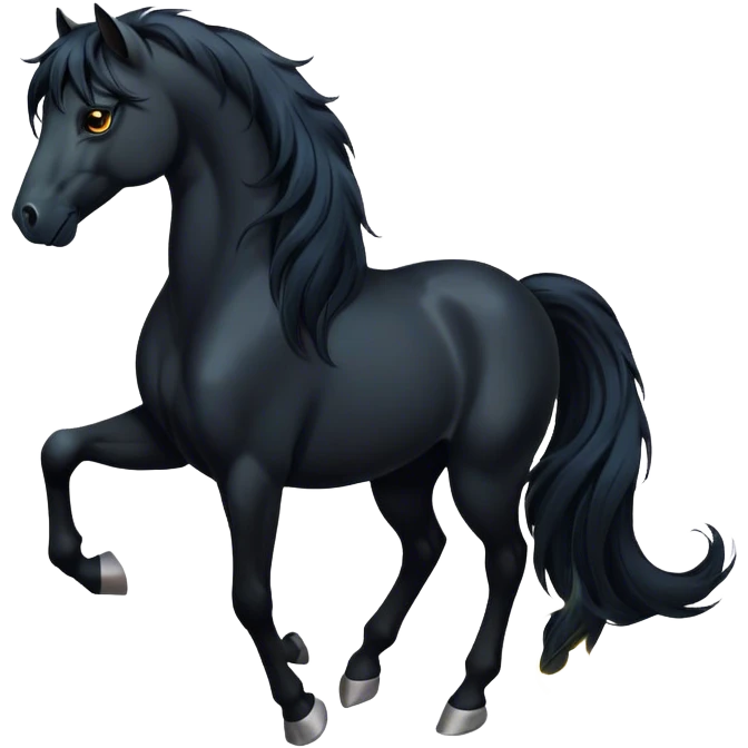 Cinematic Elegant Black Horse Portrait Emoji, Head held high with a serene, powerful gaze, showcasing a magnificent jet-black fur with a radiant, glossy finish, a flowing mane and tail, and piercing dark eyes exuding beauty and strength, Simplified yet majestically refined features, highly detailed, glowing with a soft, ethereal light, high shine, poised and breathtaking, stylized with an air of pure elegance, capturing the essence of a stunning and graceful steed, so beautiful it feels like it could gallop out of the screen with effortless charm! emoji