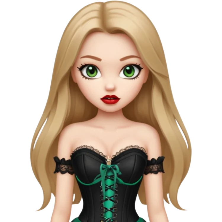 pretty bratz girl, long straight LIGHT BROWN HAIR, jade green eyes, black eyeliner, pale skin, black corset clothes with laces emoji