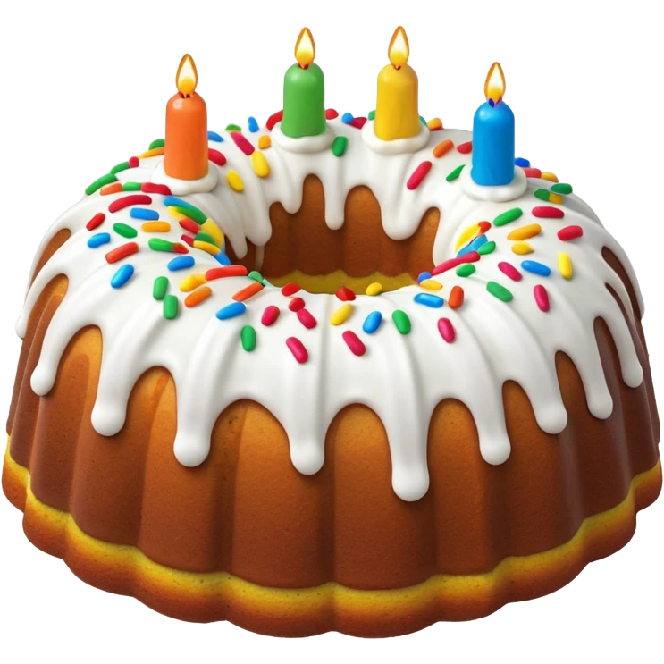 bundt cake with white frosting and rainbow sprinkles  emoji