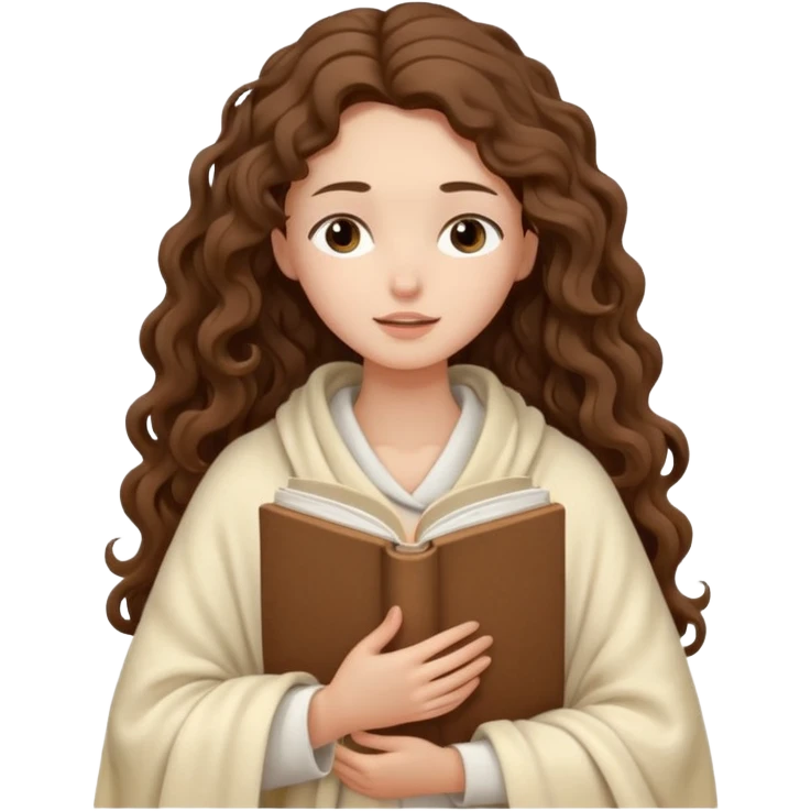slender girl with fair skin with long curly brown hair wrapped in a cream blanket in her hands a white book eyes closed emoji