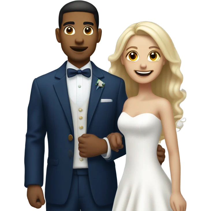 Puerto rican beard short hair with blue hat and navy blue suit getting Married with blond long hair girl with white  wedding dress  emoji