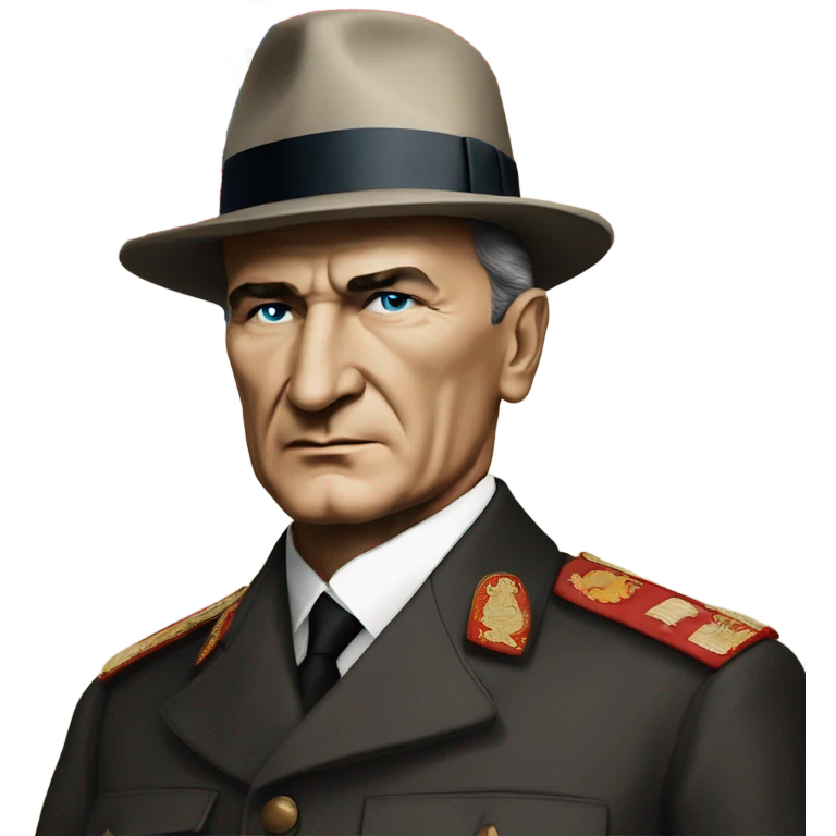 a portrait of mustafa kemal ataturk with blue eyes looking at turkey flag emoji