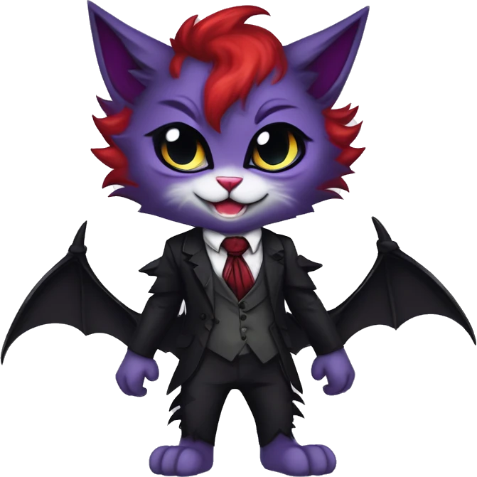 Anthro-Cute-Evil-Vampiric-Batty-Cat-Black-Purple-Red-Grey-White-Yellow-Contrast-Colors-Fantasy-Fur-Sona-Chibi-Shiny-Fakémon-Hybrid with horns and big fangs neck tie leg spats full body emoji