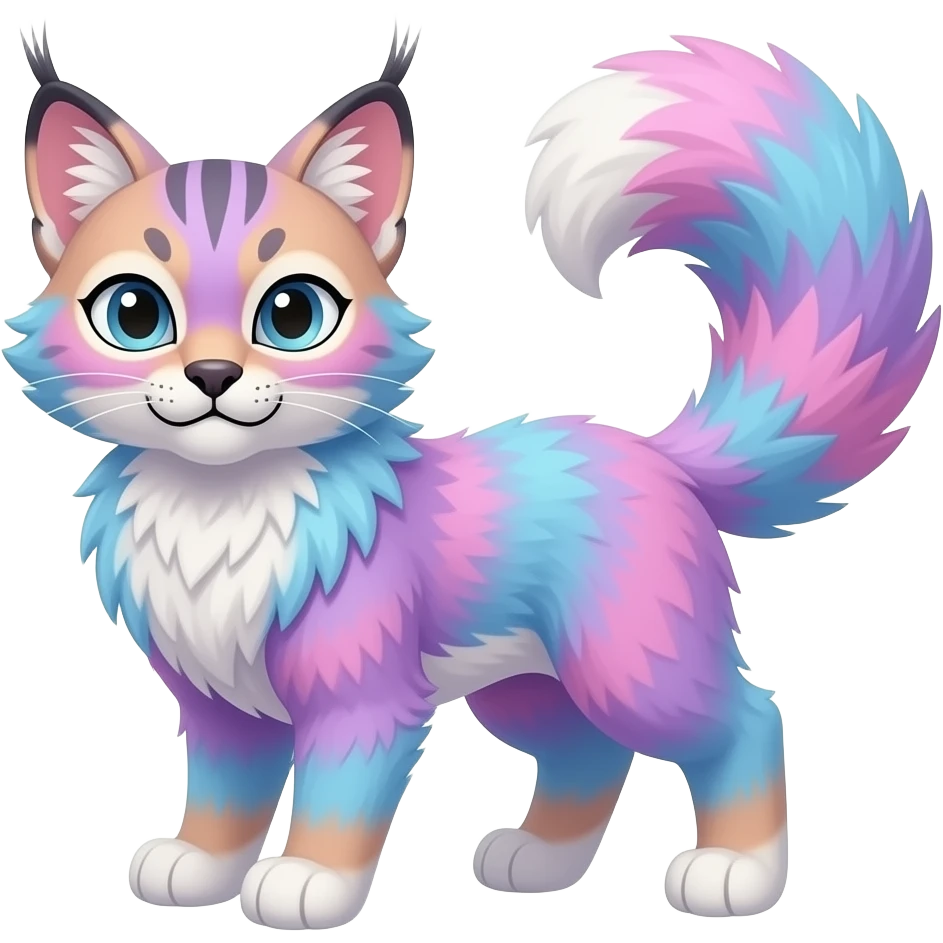 Cute kawaii cool edgy badass pastel cotton-candy pink-blue-purple gradient fluffy fur fantasy-caracal-civet-genet-sergal-vernid-Gryphon-Cacomistle-Trico-oncilla-animal-Fakémon-hybrid-fursona (full body), facial markings, (realism style) emoji