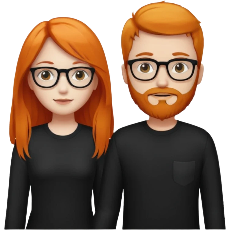 girl with long orange hair wearing no glasses and all black clothes and holding hands with boy with black hair and beard and glasses and pale skin emoji
