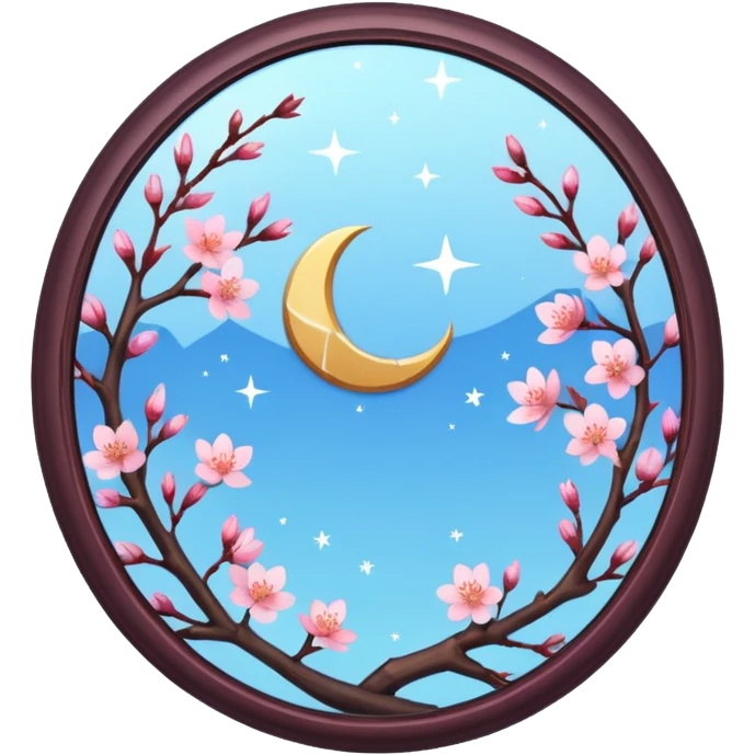 A crescent moon inside a broken mirror, with cherry blossoms floating around. emoji