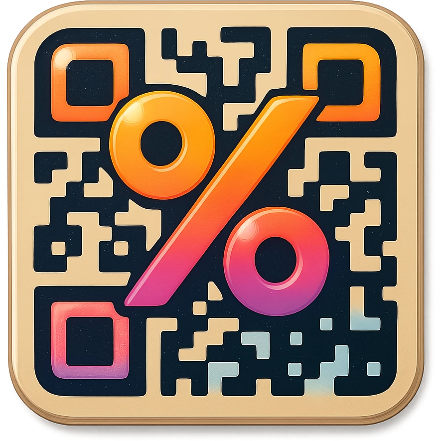 badge featuring a QR code that integrates a large percent sign (%) within it emoji