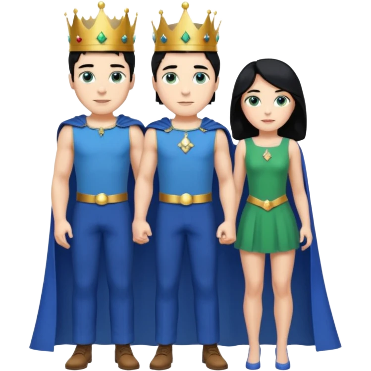 Prince with crown, blue cape and trousers, body and legs, black hair, blue eyes, woman blonde hair, green eyes, sexy white short sleveless dress,  emoji