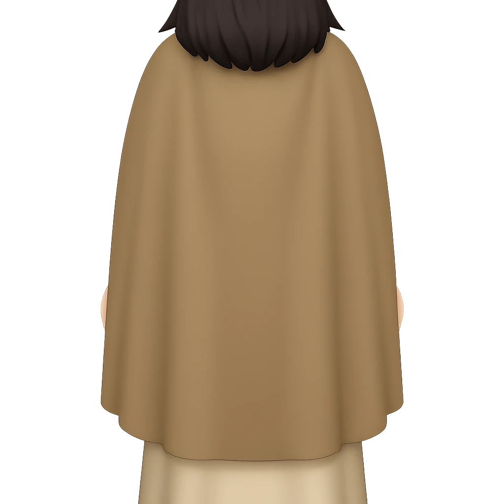 Fullbody backview of Mary Magdalene with dark hair, wearing a light tan ancient dress and a dark tan cape from the reference image, sandals, in classic emoji style with transparent background. emoji