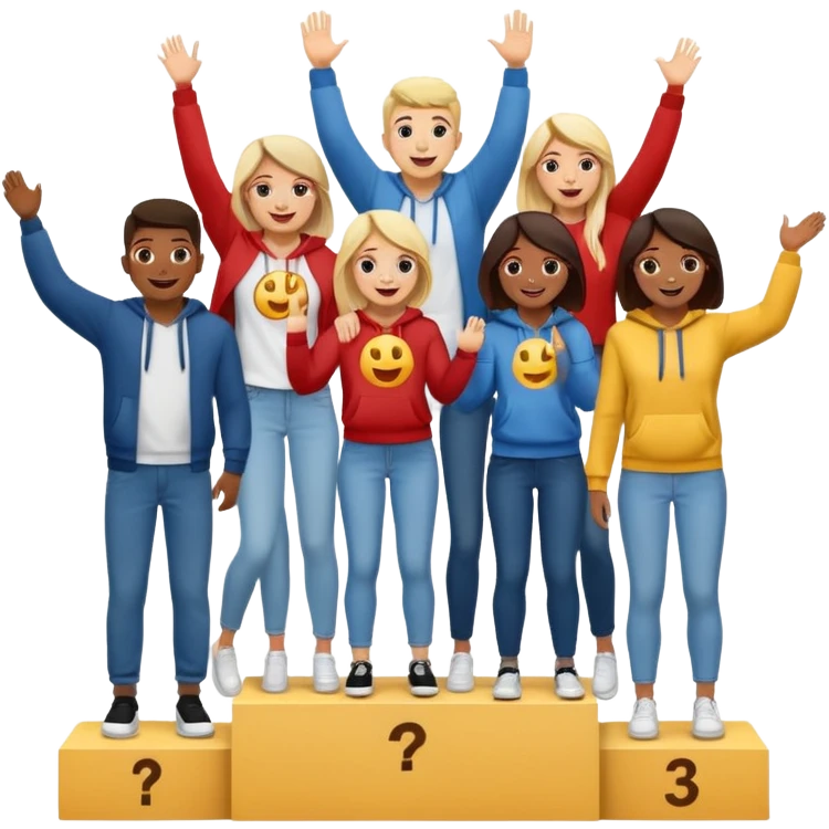 winners’ podium with multi-racial people, middle step higher, fun casual clothes like jeans, t-shirts, and hoodies, excited, fun, expressive emoji style emoji