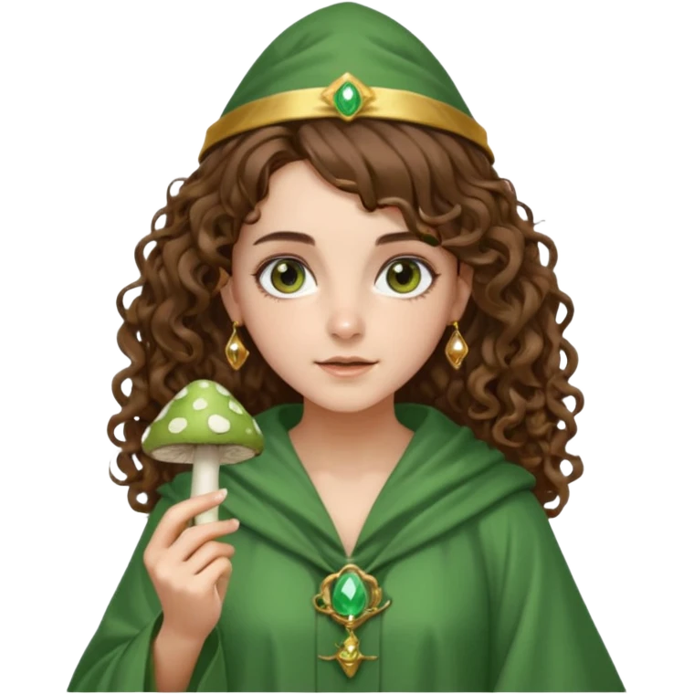 very beautiful italian girl, looking like Emma Watson, with curly and big volume very bright brown hair, and a golden piercing ring in nose on left side, dressed in a beautiful wizard robe of green colors, holding fly mushroom emoji