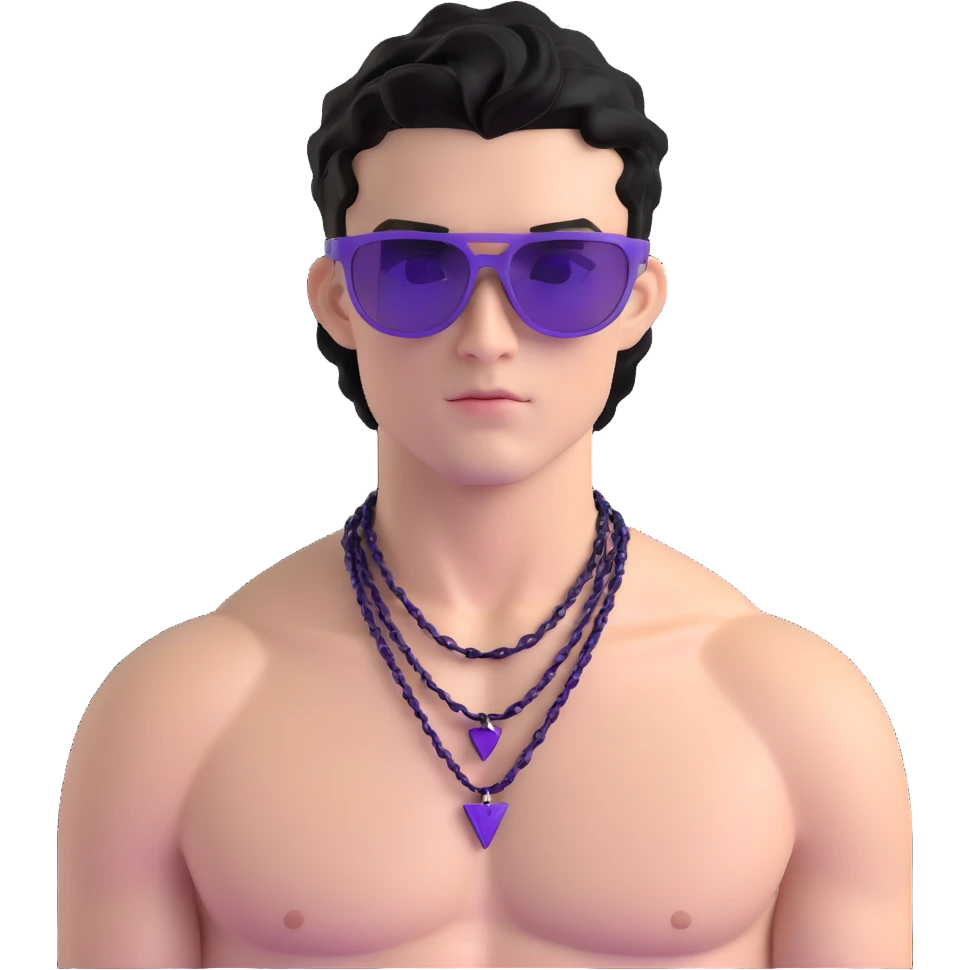 shirtless male athlete with white skin and moderately curly black hair on top with shaved sides, wearing sharp angular geometric purple sunglasses with very dark heavily tinted black lenses, and a simple plain black chain necklace, no earrings emoji
