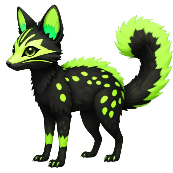 Rare realistic black edgy toxic radioactive-themed black fur with neon-lime-green-glowing  epic handsome gorgeous aesthetic vibrant Vernid-Trico-Genet-species-hybrid-Fakemon-creature by LiLaiRa, 4 legs, 1 tail, random markings, (full body) emoji