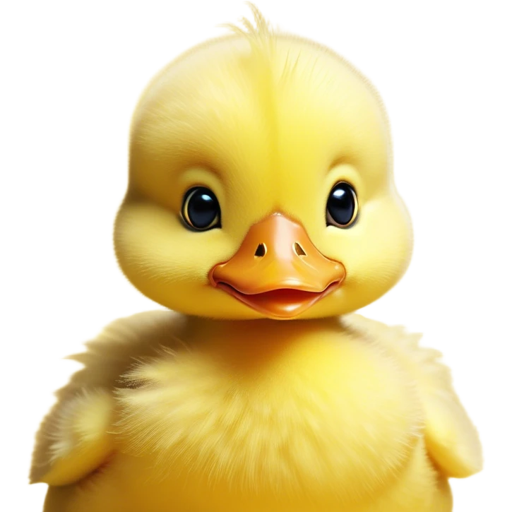 Cinematic Cute Yellow Baby Duck Portrait Emoji, Head tilted playfully and inquisitively, featuring a fluffy, vibrant yellow downy coat with a tiny delicate beak, round, sparkling eyes filled with curiosity, Simplified yet irresistibly adorable features, highly detailed, glowing with a warm, friendly glow, high shine, affectionate and spirited, stylized with a touch of playful whimsy, bright and endearing, soft glowing outline, capturing the essence of a mischievous yet loving duckling, so playful it feels like it could peep out of the screen and into your arms! emoji