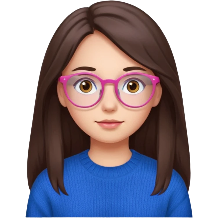 brunette girl whit blue sweater, long hair, brown eyes, pink eyeglasses  emoji