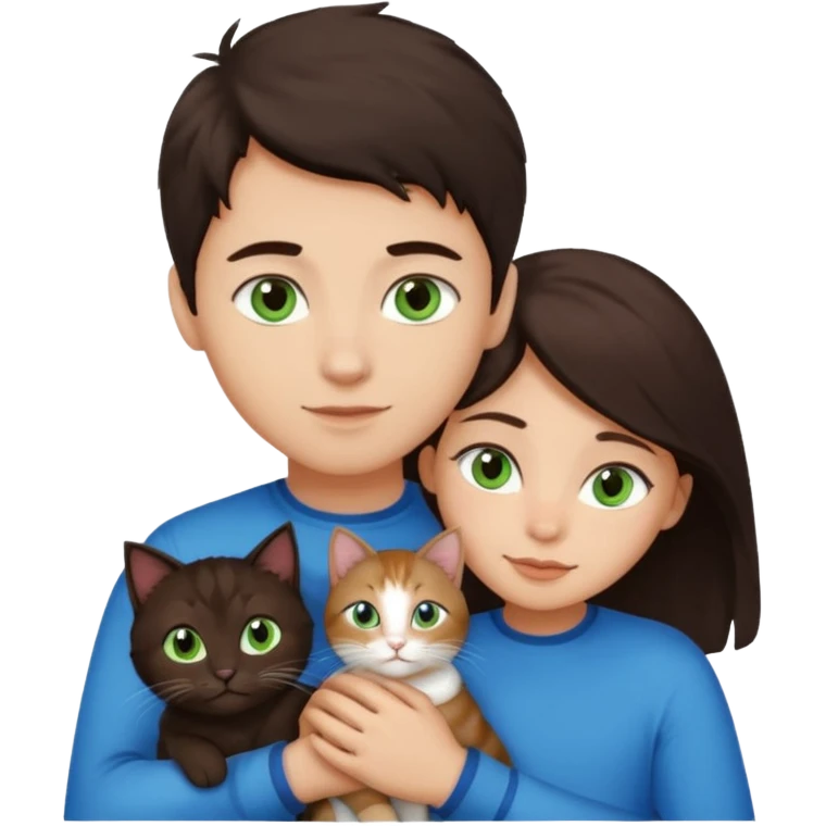 Crea un emoji donde salga un chico de pelo moreno con los ojos claros, una chica de pelo morena con los ojos marrones y UN gato europeo comun de pelaje oscuro y ojos verde claro, quiero que se esten abrazando el chico y la chica, y el gato este en el medio de los dos emoji