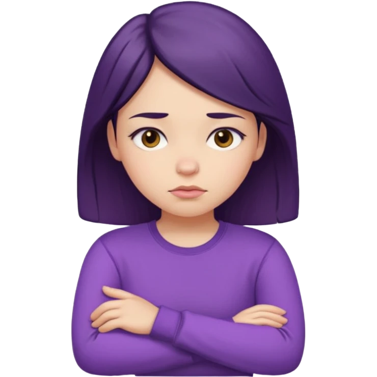Pouty girl with squinted eyes folding arms in a purple longsleeve shirt she has fair skin emoji