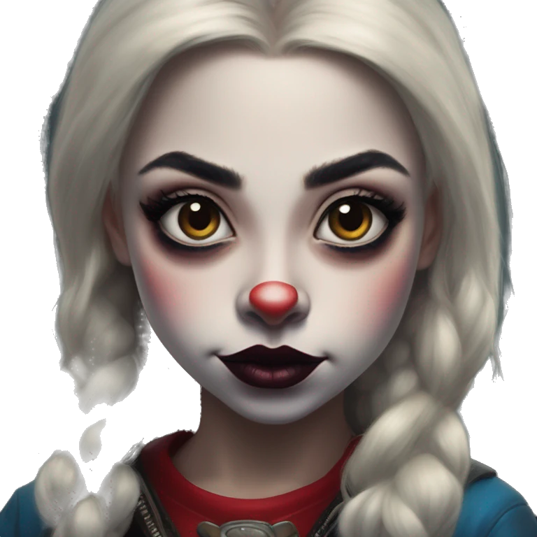 Gnome Jasmine in Harley Quinn style, oil paint, mysterious eyes, intricate lips, masterpiece portrait, odd perspective, beautiful, desirable, logical emoji