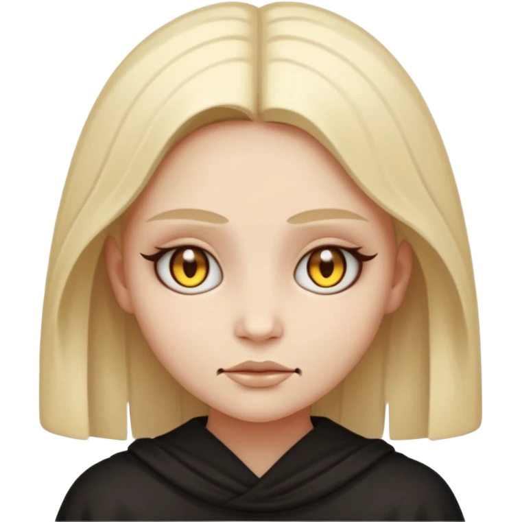 Stylized cult cartoon girl emoji, eerie-cute aesthetic, symmetrical design, subtle spooky vibe, glowing eyes, saying “AMILK”, bold graphic icon emoji