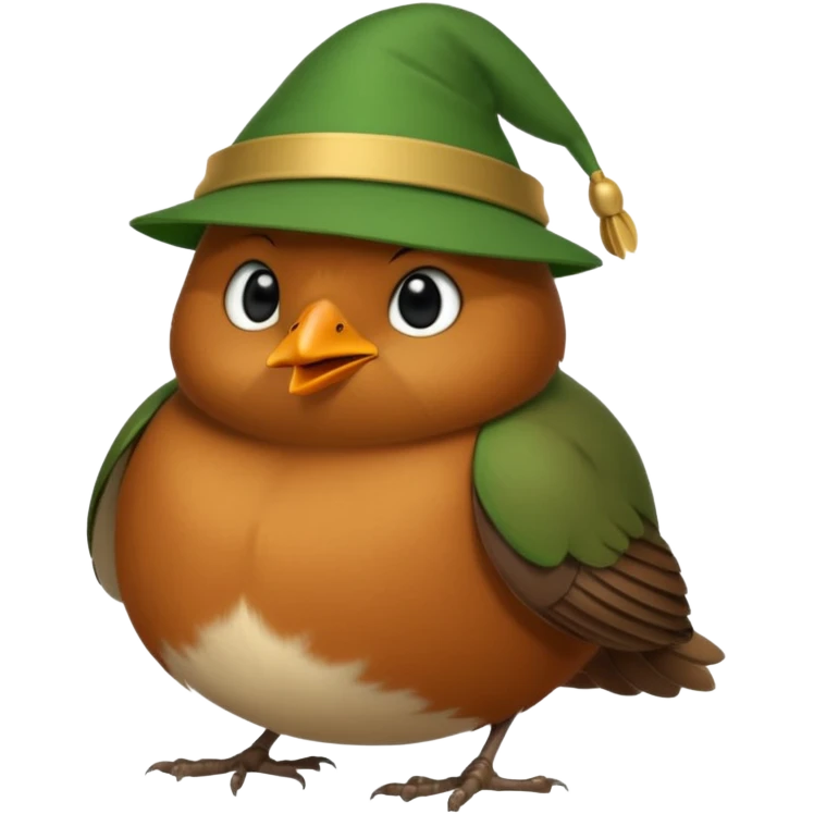 a cute and simple cartoon of a fat robin bird that has a green robin hood hat emoji