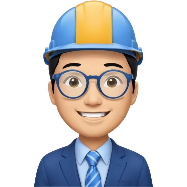 Young Business man with Black hair and round Glases, smiling, asian, blaue suit, with tie, in a construction helmet emoji