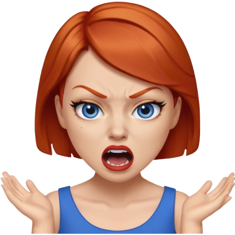 mujer pelirroja con los ojos y los labios maquillados enojada gritando con vestido azul pelo corto emoji