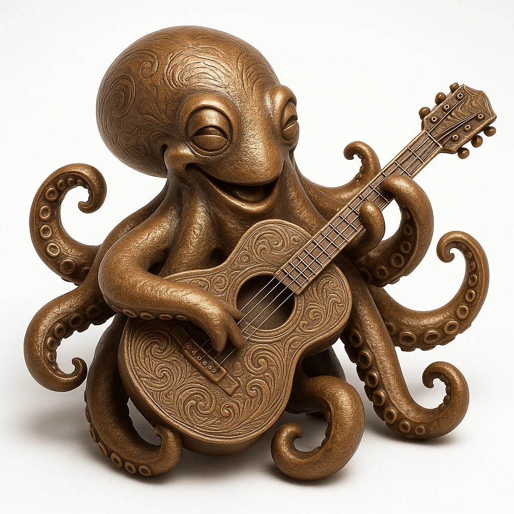 happy octopus with multiple arms playing guitar emoji