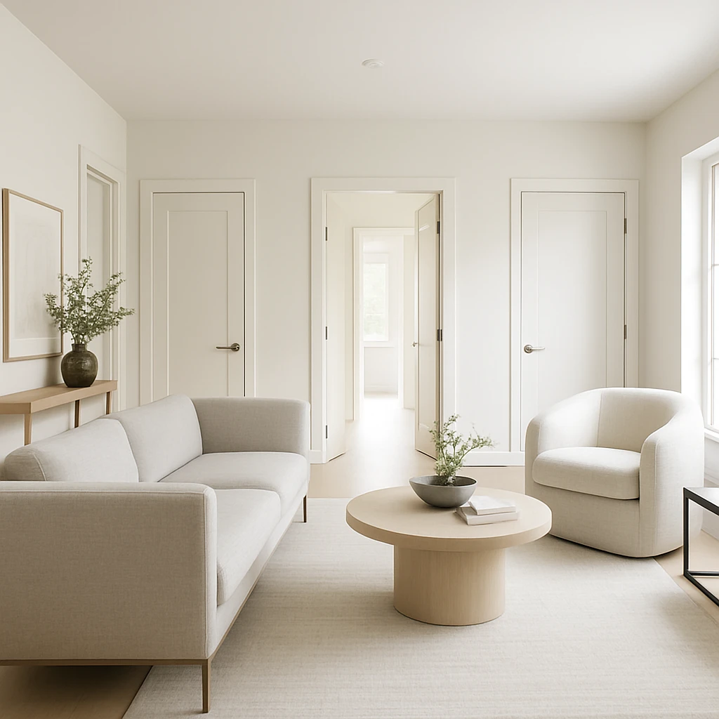 stylish room featuring three entrances, contemporary furniture, bright and airy emoji