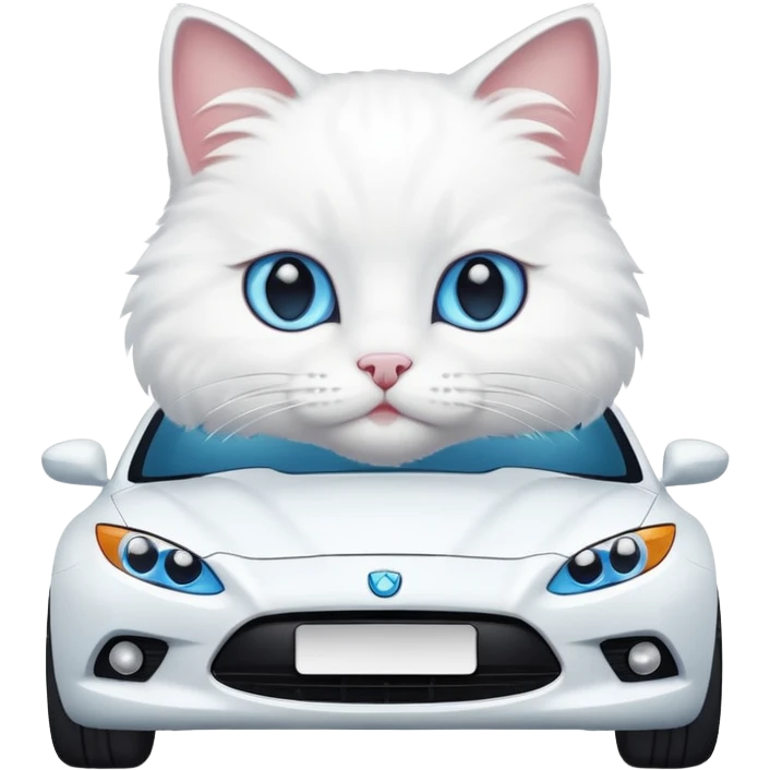 Please create a small emoji the size of 🚗 featuring a pure white cat with blue eyes on a white car. emoji