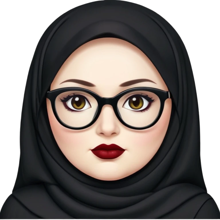 big plus size, pale skin, black hijab, baddie,pretty, makeup, dark red lipgloss, black eyeliner, long hair, black shirt, black glasses emoji