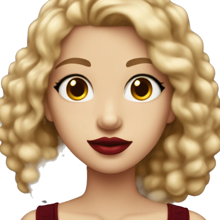 girl wearing a  burgundy corset dark blond boucle hair red lips hazel eyes emoji